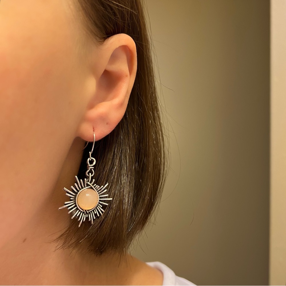 Handmade Moonstone & Antique Silver Wire Crescent Moon and Sun Dangle Earrings - Picture 4 of 5